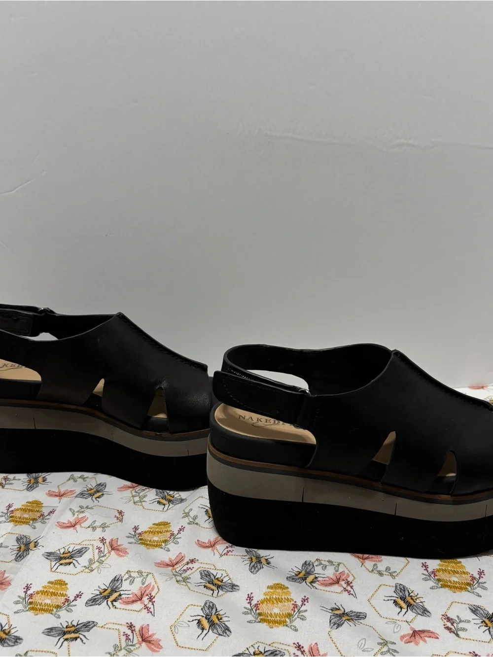 Naked Feet Black Leather Platform Slingback Sandals